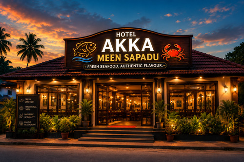 Dining hall at Akka Meen Sapadu, seafood restaurant in Karaikudi