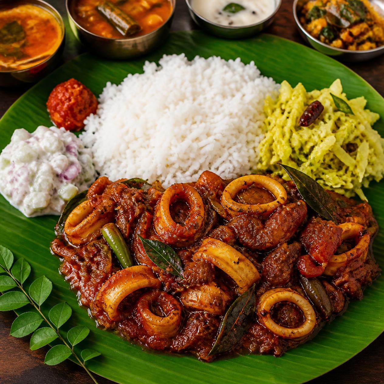 Spicy Squid Masala Fry at Akka Meen Sapadu, Karaikudi